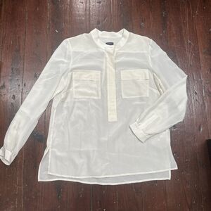 Talbots Silk Blouse Long Sleeve Band Collar Cream M Dressy Classic Career